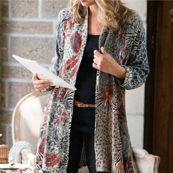 Soft Surroundings S/M Patchwork Mixed Animal Print Embroidered Wool Cardigan - Picture 1 of 14